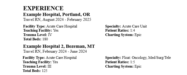 A template example of work experience listed on a travel nurse resume