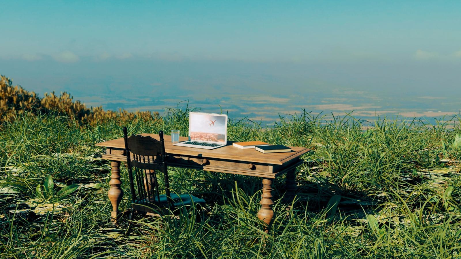Image of a desk and computer in the grass on a scenic overlook eluding to a remote nurse job